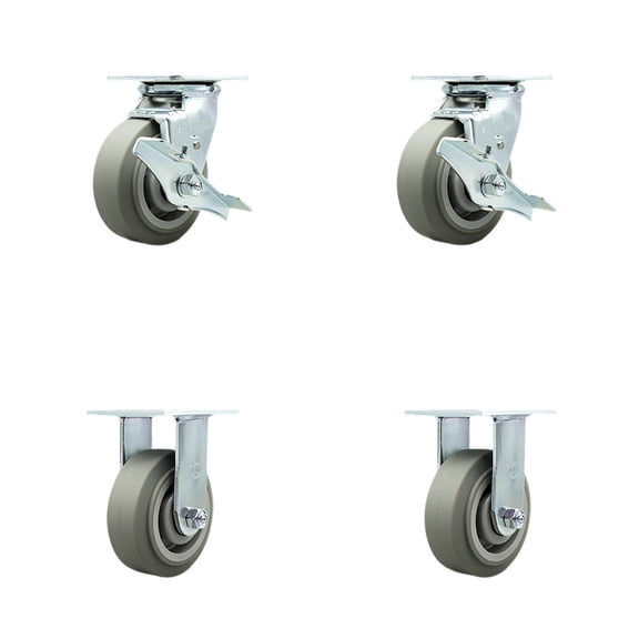 5 Inch SS Thermo Rubber Flat Tread Caster Set with 2 Brakes/Swivel Locks 2 Rigid