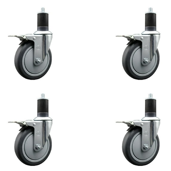 5 Inch SS Thermo Rubber Swivel 1-5/8 Inch Expanding Stem Caster Set Brake