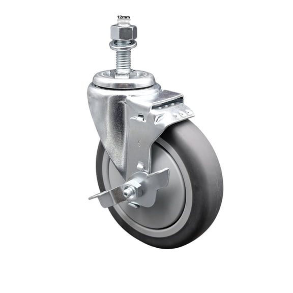 5 Inch SS Thermoplastic Rubber Swivel 12mm Threaded Stem Caster with Brake