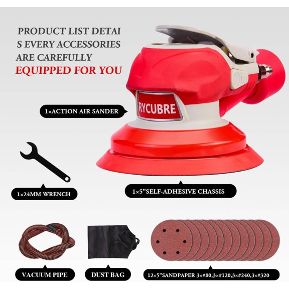 5 Inch Sander with Vacuum – 13000RPM Pneumatic Sander for Auto Body, Palm Random Orbital Sanders for Woodworking, Auto Polishing, Metal, and Furniture