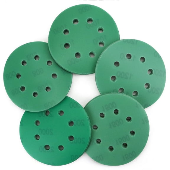 5 Inch Sanding Discs 50Pack 8 Hole Hook and Loop 800/1000/1200/1500/2000 Assorted Fine Grit Wet Dry Green 5 Sanding Disc for Random Orbital Sander Car Plastic Polishing and Finishing