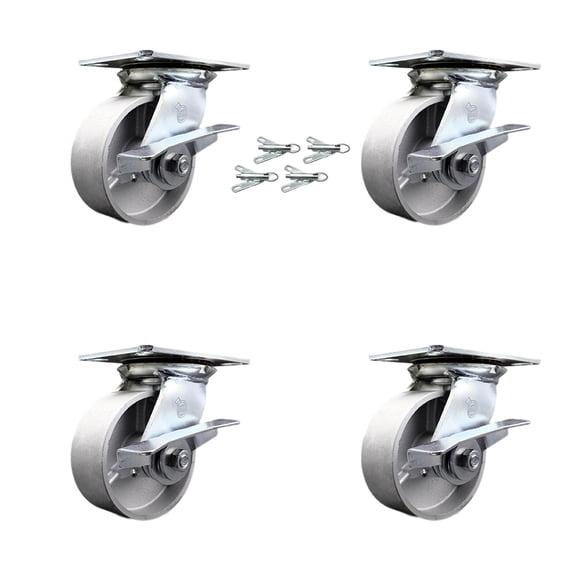 Heavy Duty Large Top Plate Semi Steel Cast Iron Swivel Caster Set of 4 w/5" x 2" Silver Wheels - Includes 4 Swivel w/Side Lck Brakes & Bolt on Swivel Locks - 4000 lbs Total Cpty - Service Caster Brand