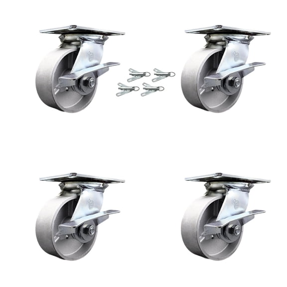 Heavy Duty Large Top Plate Semi Steel Cast Iron Swivel Caster Set of 4 w/5" x 2" Silver Wheels - Includes 4 Swivel w/Side Lck Brakes & Bolt on Swivel Locks - 4000 lbs Total Cpty - Service Caster Brand