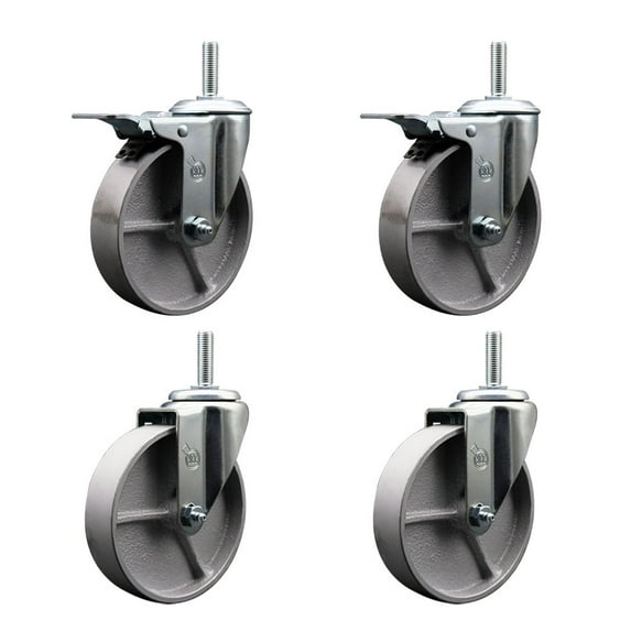 5 Inch Semi Steel Swivel 5/8 Inch Threaded Stem Caster Set 2 Total Lock Brakes
