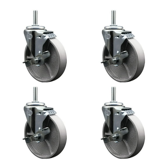 5 Inch Semi Steel Wheel Swivel 3/4 Inch Threaded Stem Caster Set with Brake SCC