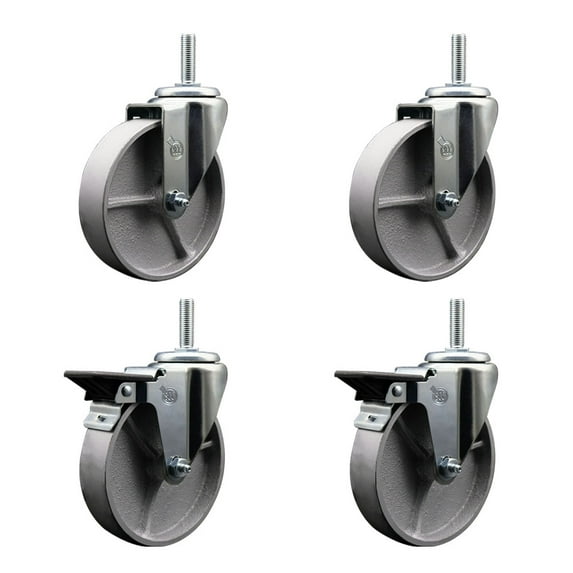 5 Inch Semi Steel Wheel Swivel 5/8 Inch Threaded Stem Caster Set 2 Brakes SCC