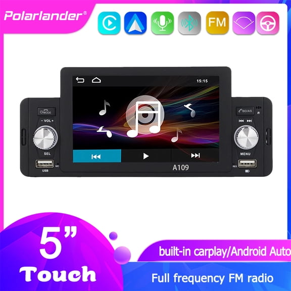 5 Inch Single Din Car Stereo Built-in Apple CarPlay/Android Auto/Mirror-Link, Touch screen Radio Receiver with Bluetooth 5.1 Handsfree , FM USB Audio Video Player
