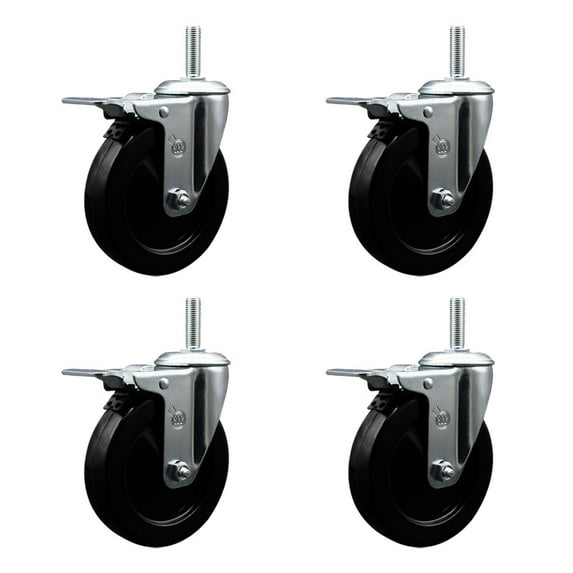 5 Inch Soft Rubber Swivel 5/8 Inch Threaded Stem Caster Set Total Lock Brake