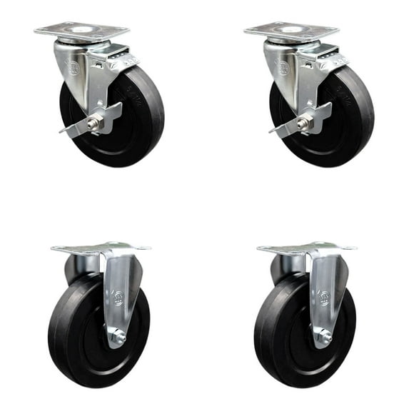 5 Inch Soft Rubber Swivel Top Plate Caster Set with 2 Brakes 2 Rigid SCC