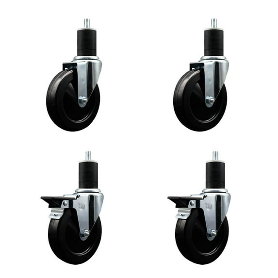5 Inch Soft Rubber Wheel Swivel 1-3/4 Inch Expanding Stem Caster Set 2 Brakes