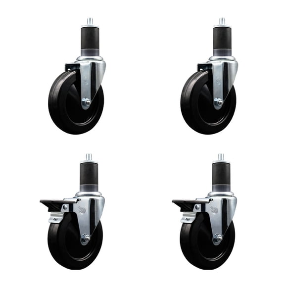 5 Inch Soft Rubber Wheel Swivel 1-5/8 Inch Expanding Stem Caster Set 2 Brakes