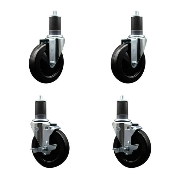 5 Inch Soft Rubber Wheel Swivel 1-5/8 Inch Expanding Stem Caster Set 2 Brakes