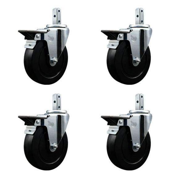 5 Inch Soft Rubber Wheel Swivel 3/4 Inch Square Stem Caster Set with Brake SCC