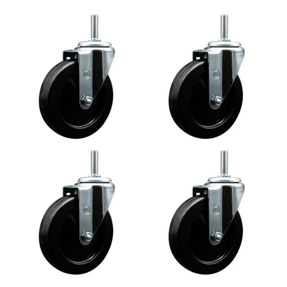 5 Inch Soft Rubber Wheel Swivel 3/4 Inch Threaded Stem Caster Set Service Caster