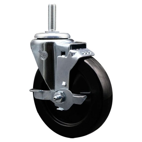 5 Inch Soft Rubber Wheel Swivel 3/4 Inch Threaded Stem Caster with Brake SCC