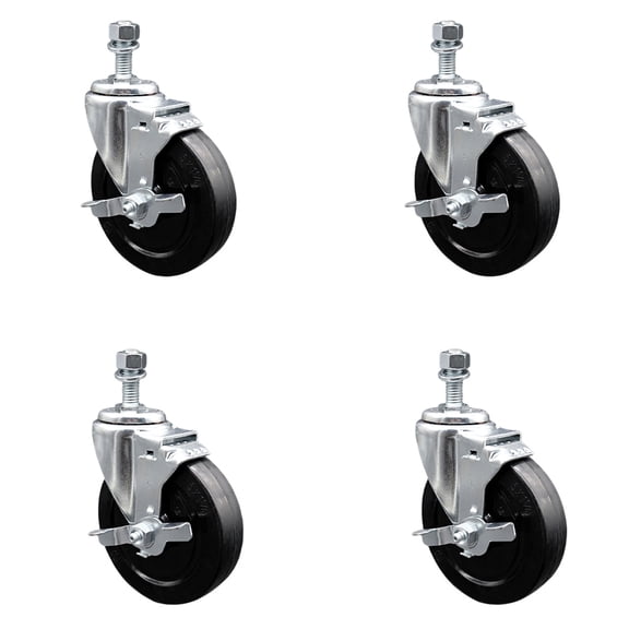 5 Inch Soft Rubber Wheel Swivel 3/8 Inch Threaded Stem Caster Set with Brake SCC