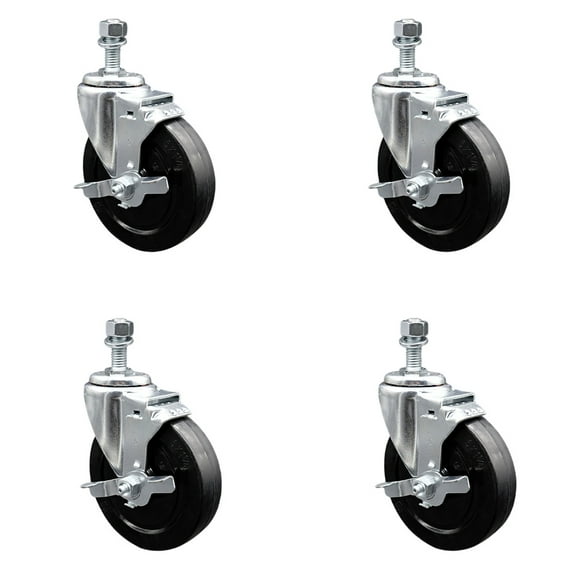 5 Inch Soft Rubber Wheel Swivel 3/8 Inch Threaded Stem Caster Set with Brake SCC