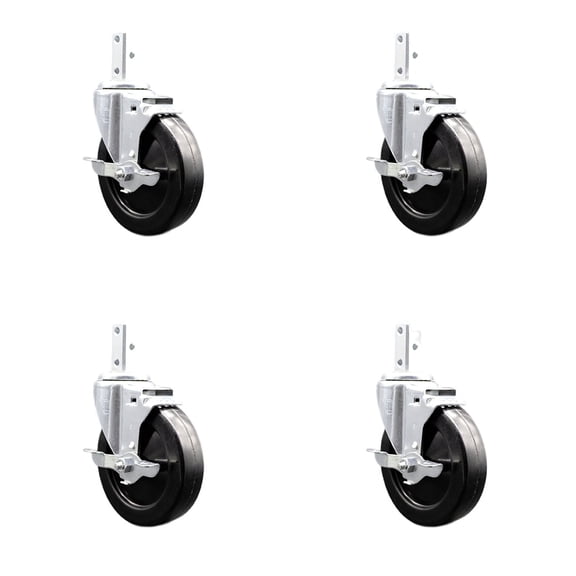 5 Inch Soft Rubber Wheel Swivel 7/8 Inch Square Stem Caster Set with Brake SCC