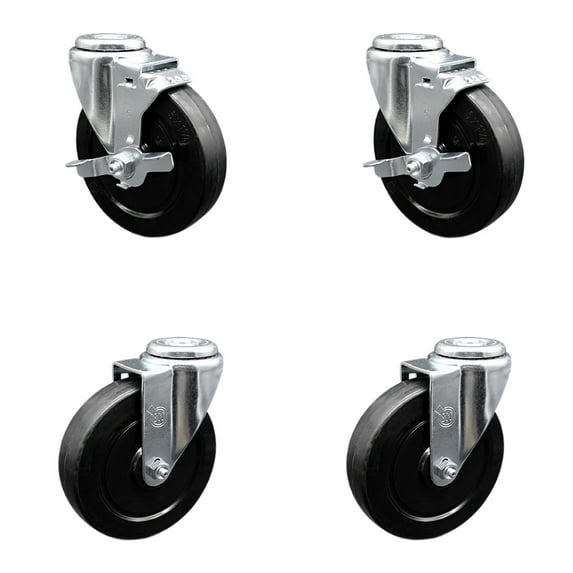 5 Inch Soft Rubber Wheel Swivel Bolt Hole Caster Set with 2 Brake Service Caster