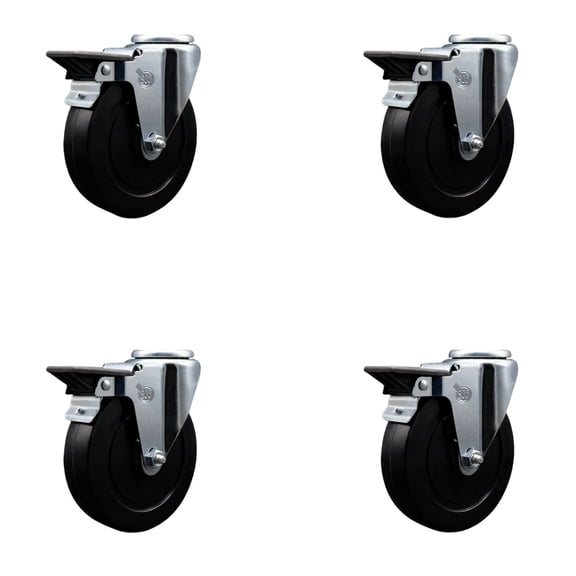 5 Inch Soft Rubber Wheel Swivel Bolt Hole Caster Set with Posi Lock Brakes SCC
