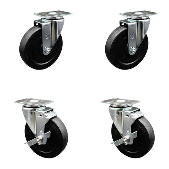 5 Inch Soft Rubber Wheel Swivel Top Plate Caster Set with 2 Brakes SCC