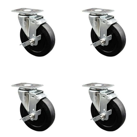 5 Inch Soft Rubber Wheel Swivel Top Plate Caster Set with Brake Service Caster