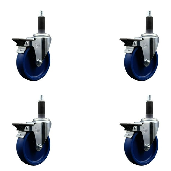 5 Inch Solid Poly Swivel 1-1/8 Inch Expanding Stem Caster Set with Brake SCC