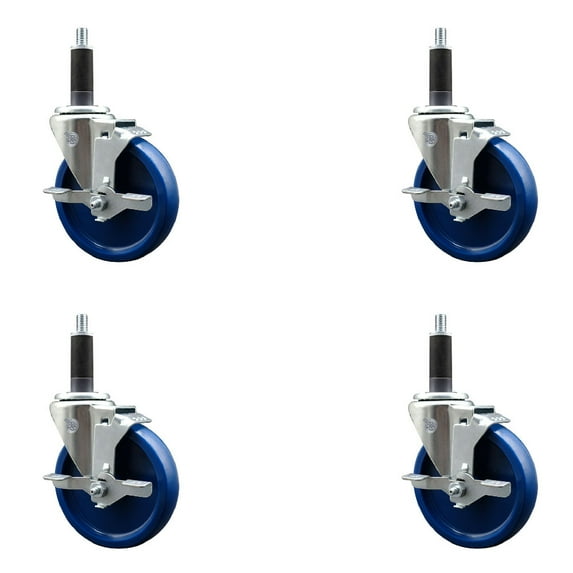 5 Inch Solid Poly Swivel 1 Inch Expanding Stem Caster Set with Brake SCC