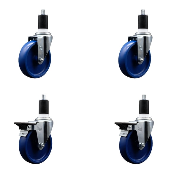 5 Inch Solid Poly Wheel Swivel 1-1/2 Inch Expanding Stem Caster Set 2 Brakes SCC