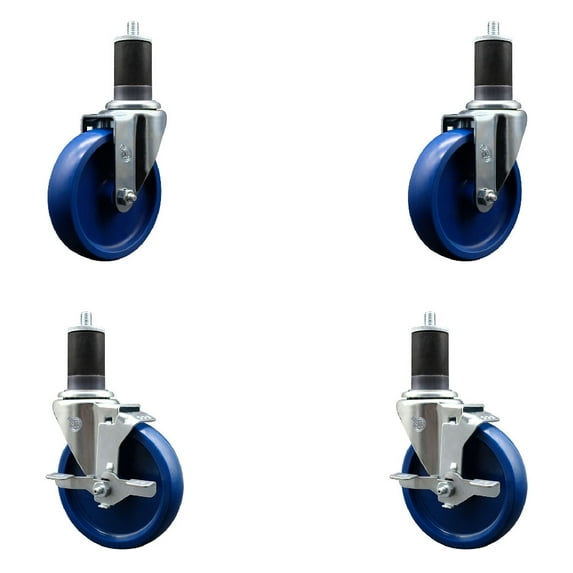 5 Inch Solid Poly Wheel Swivel 1-5/8 Inch Expanding Stem Caster Set 2 Brakes SCC