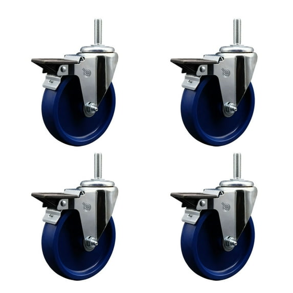 5 Inch Solid Poly Wheel Swivel 5/8 Inch Threaded Stem Caster Set with Brake