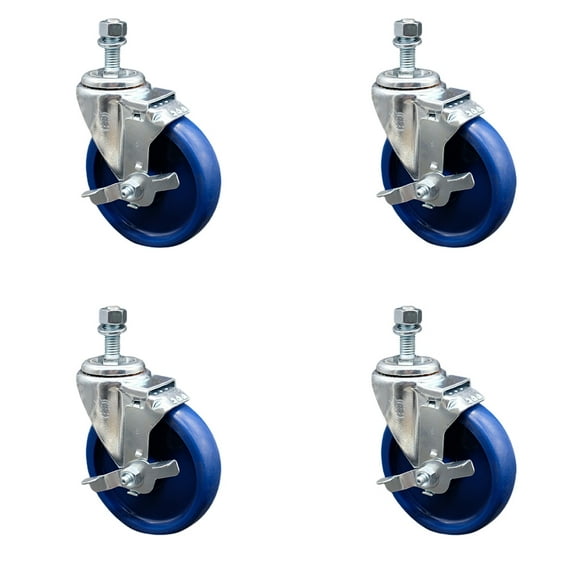 5 Inch Solid Polyurethane Swivel 10mm Threaded Stem Caster Set with Brake