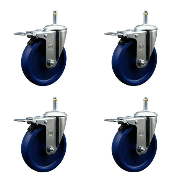 5 Inch Solid Polyurethane Swivel 7/16 Inch Stem Caster Set with Total Lock Brake