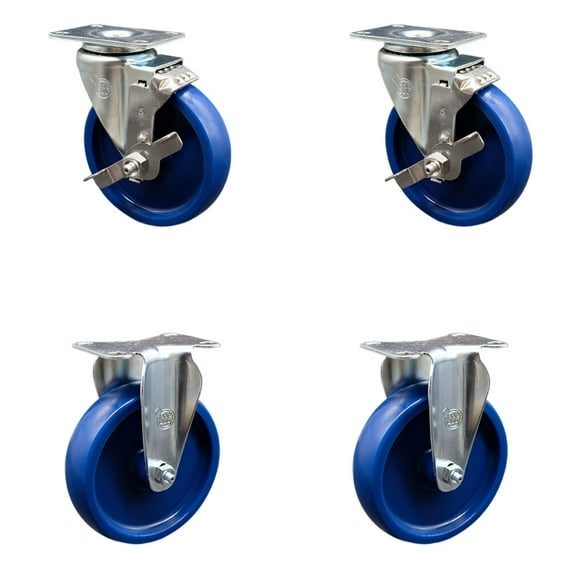 5 Inch Solid Polyurethane Swivel Top Plate Caster Set with 2 Brakes 2 Rigid SCC