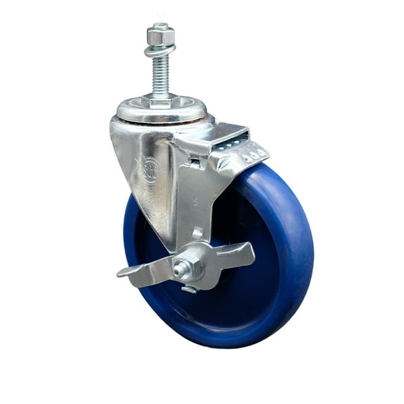 5 Inch Solid Polyurethane Wheel Swivel 3/8 Inch Threaded Stem Caster with Brake