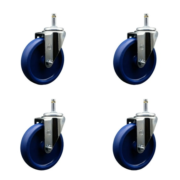 5 Inch Solid Polyurethane Wheel Swivel 7/16 Inch Grip Ring Stem Caster Set SCC