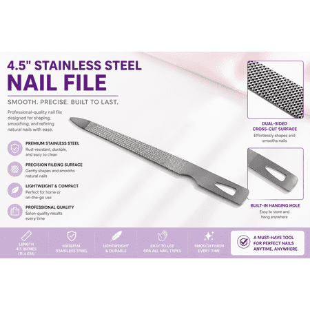 4.5 Inch Stainless Steel Triple Cut Nail File for Fingernails, Toenails, Scraping, Strengthening, Three (3) Pack