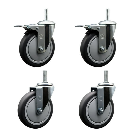 5 Inch Thermo Rubber Swivel 5/8 Inch Threaded Stem Caster Set 2 Total Lock BRKs