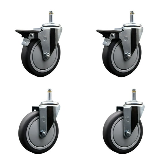 5 Inch Thermo Rubber Wheel Swivel 7/16 Inch Grip Ring Stem Caster Set 2 Brake