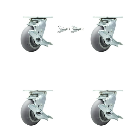 5 Inch Thermoplastic Rubber Caster Set with Roller Bearing 4 Brake 2 Swivel Lock