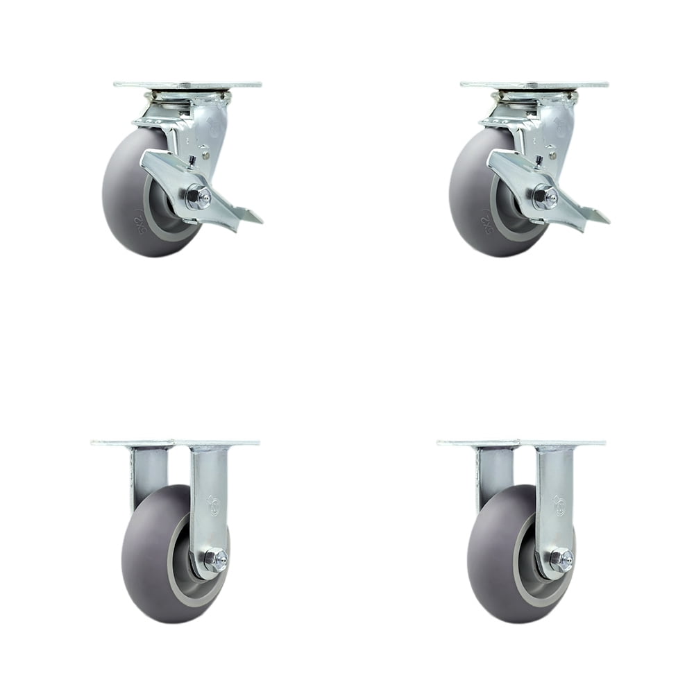 5 Inch Thermoplastic Rubber Caster Set with Roller Bearings 2 Brakes 2 Rigid SCC