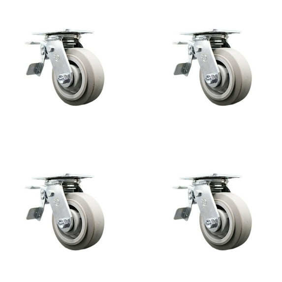 5 Inch Thermoplastic Rubber Caster Set with Roller Bearings and Total Lock Brake