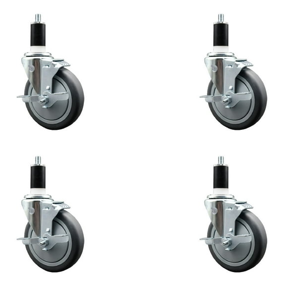5 Inch Thermo Rubber Swivel 1-3/8 Inch Expanding Stem Caster Set with Brake