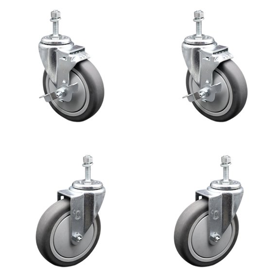 5 Inch Thermoplastic Rubber Swivel 10mm Threaded Stem Caster Set 2 Brake SCC