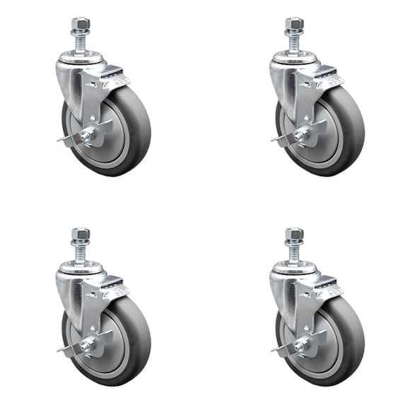 5 Inch Thermoplastic Rubber Swivel 12mm Threaded Stem Caster Set with Brake