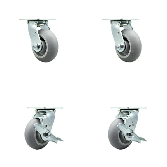 5 Inch Thermoplastic Rubber Swivel Caster Set with Roller Bearings 2 Brakes SCC