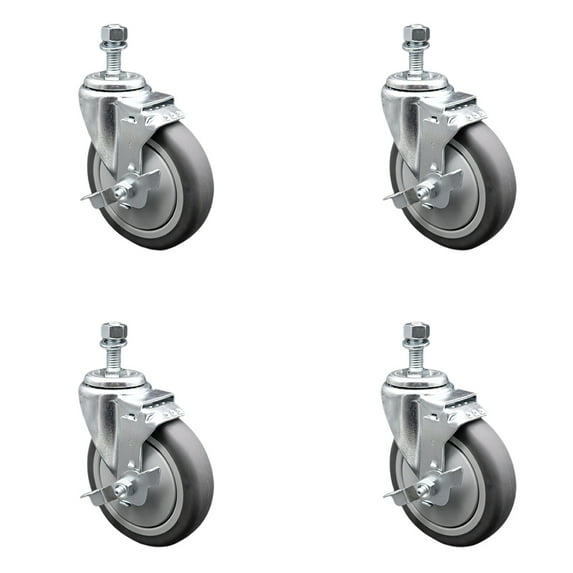 5 Inch Thermoplastic Rubber Swivel ½ Inch Threaded Stem Caster Set with Brake