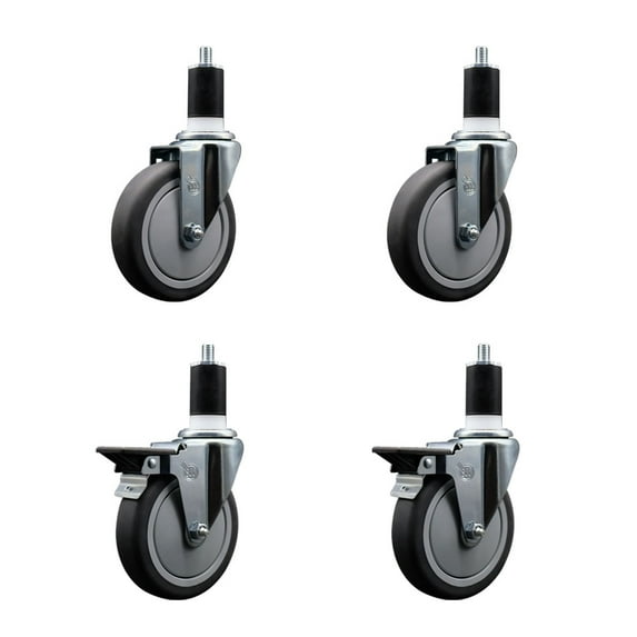 5 Inch Thermo Rubber Wheel Swivel 1-1/2 Inch Expanding Stem Caster Set 2 Brakes