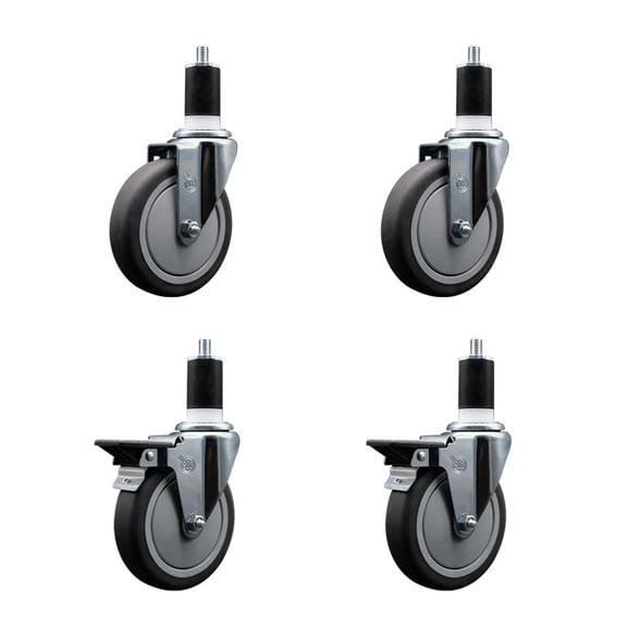 5 Inch Thermo Rubber Wheel Swivel 1-1/2 Inch Expanding Stem Caster Set 2 Brakes