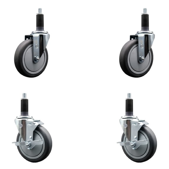 5 Inch Thermo Rubber Wheel Swivel 1-1/8 Inch Expanding Stem Caster Set 2 Brakes